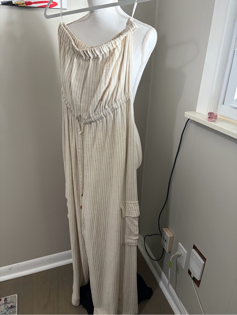 Cream Striped Sleeveless Maxi Jumpsuit